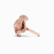 The Pave Rose 14K Rose Gold Diamond Flower Ring, 0.90 TCW, features intricately detailed petals sparkling with diamonds, inspired by Effy Pave and set against a plain white background.
