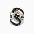 A 14K two tone gold ring by Effy, featuring interlocking loops set with 1.95 TCW black and white diamonds for a striking, intricate design, displayed on a white background.