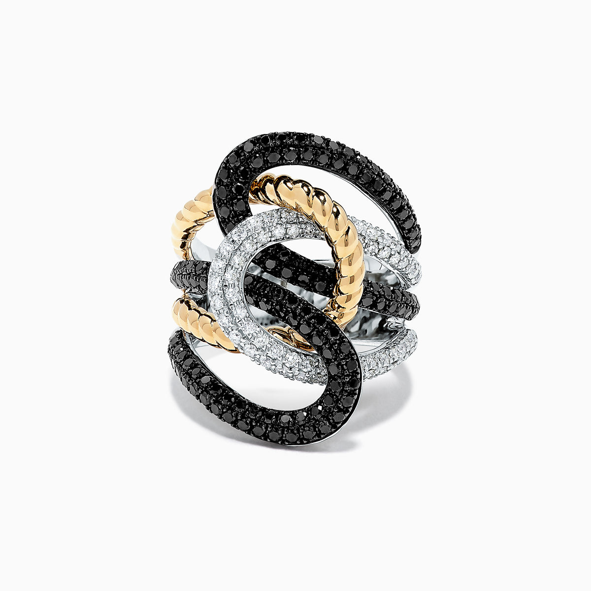 A 14K two tone gold ring by Effy, featuring interlocking loops set with 1.95 TCW black and white diamonds for a striking, intricate design, displayed on a white background.