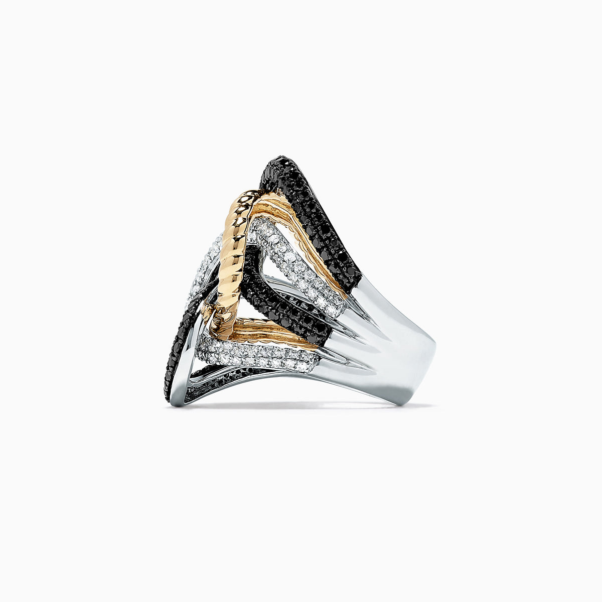 A 14K two tone gold ring by Effy, featuring interlocking loops set with 1.95 TCW black and white diamonds for a striking, intricate design, displayed on a white background.