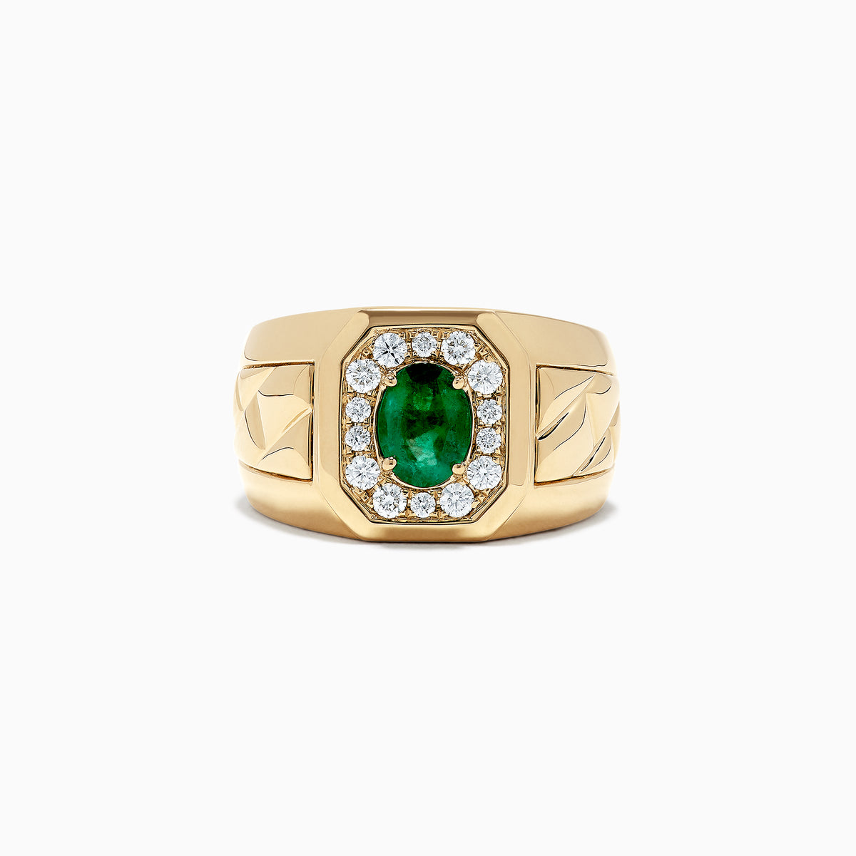 The Mens 14K Yellow Gold Emerald and Diamond Ring, 1.55 TCW, features an oval green emerald with a diamond halo, set on a wide band engraved with geometric patterns.