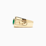 The Mens 14K Yellow Gold Emerald and Diamond Ring, 1.55 TCW, features an oval green emerald with a diamond halo, set on a wide band engraved with geometric patterns.