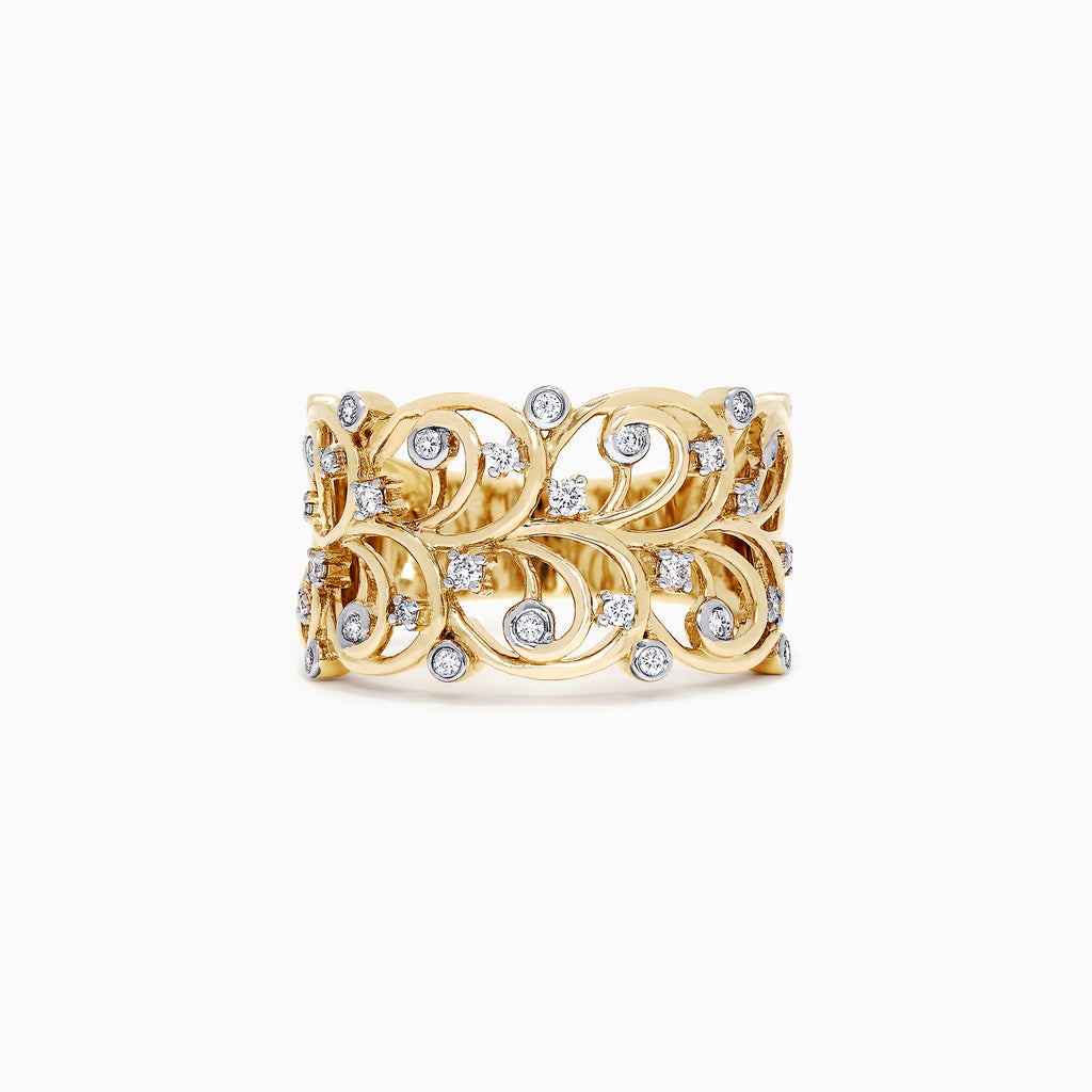 The DOro 14K Yellow Gold Diamond Vine Ring, 0.26 TCW, features a wide gold band with intricate openwork vine motifs and sparkling round diamonds throughout, shown against a white background.