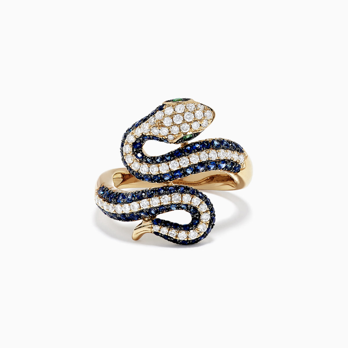 The Safari 14K Yellow Gold Blue Sapphire and Diamond Snake Ring, 1.49 TW, features a coiled serpent design with white and blue sapphires, green gemstone eyes, and is set against a plain white background.
