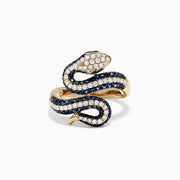 The Safari 14K Yellow Gold Blue Sapphire and Diamond Snake Ring, 1.49 TW, features a coiled serpent design with white and blue sapphires, green gemstone eyes, and is set against a plain white background.