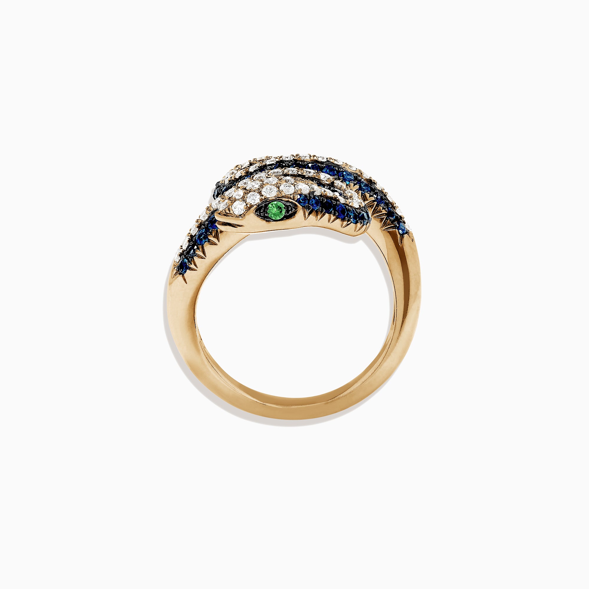 The Safari 14K Yellow Gold Blue Sapphire and Diamond Snake Ring, 1.49 TW, features a coiled serpent design with white and blue sapphires, green gemstone eyes, and is set against a plain white background.