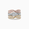 The Trio 14K Tri Color Gold Diamond Twist Ring, 1.24 TCW, features three intertwined rose, white, and yellow gold bands, each set with sparkling diamonds for a stunning look.