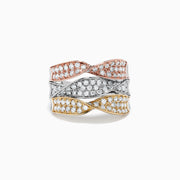 The Trio 14K Tri Color Gold Diamond Twist Ring, 1.24 TCW, features three intertwined rose, white, and yellow gold bands, each set with sparkling diamonds for a stunning look.