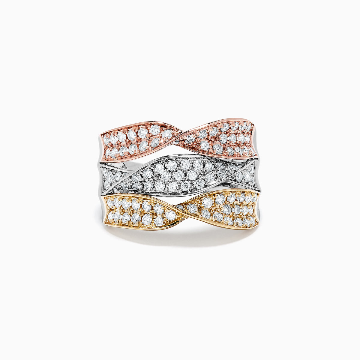 The Trio 14K Tri Color Gold Diamond Twist Ring, 1.24 TCW, features three intertwined rose, white, and yellow gold bands, each set with sparkling diamonds for a stunning look.