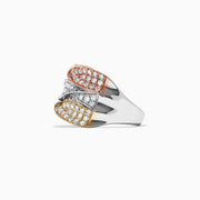 The Trio 14K Tri Color Gold Diamond Twist Ring, 1.24 TCW, features three intertwined rose, white, and yellow gold bands, each set with sparkling diamonds for a stunning look.