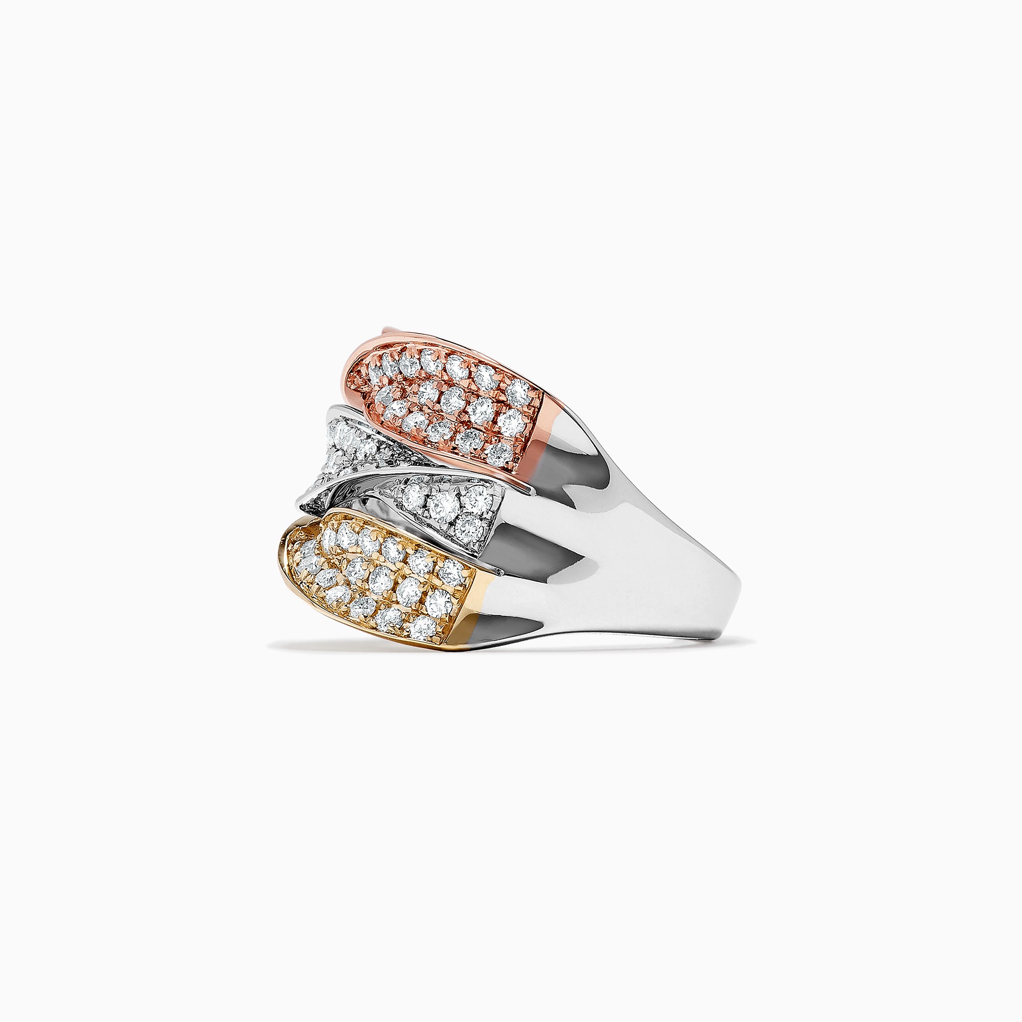The Trio 14K Tri Color Gold Diamond Twist Ring, 1.24 TCW, features three intertwined rose, white, and yellow gold bands, each set with sparkling diamonds for a stunning look.