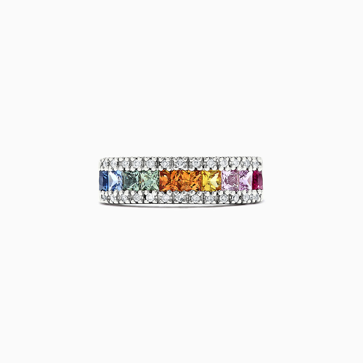 The Watercolors 14K White Gold Sapphire & Diamond Ring, 1.46 TCW, displays a row of square rainbow sapphires bordered by two rows of sparkling diamonds.