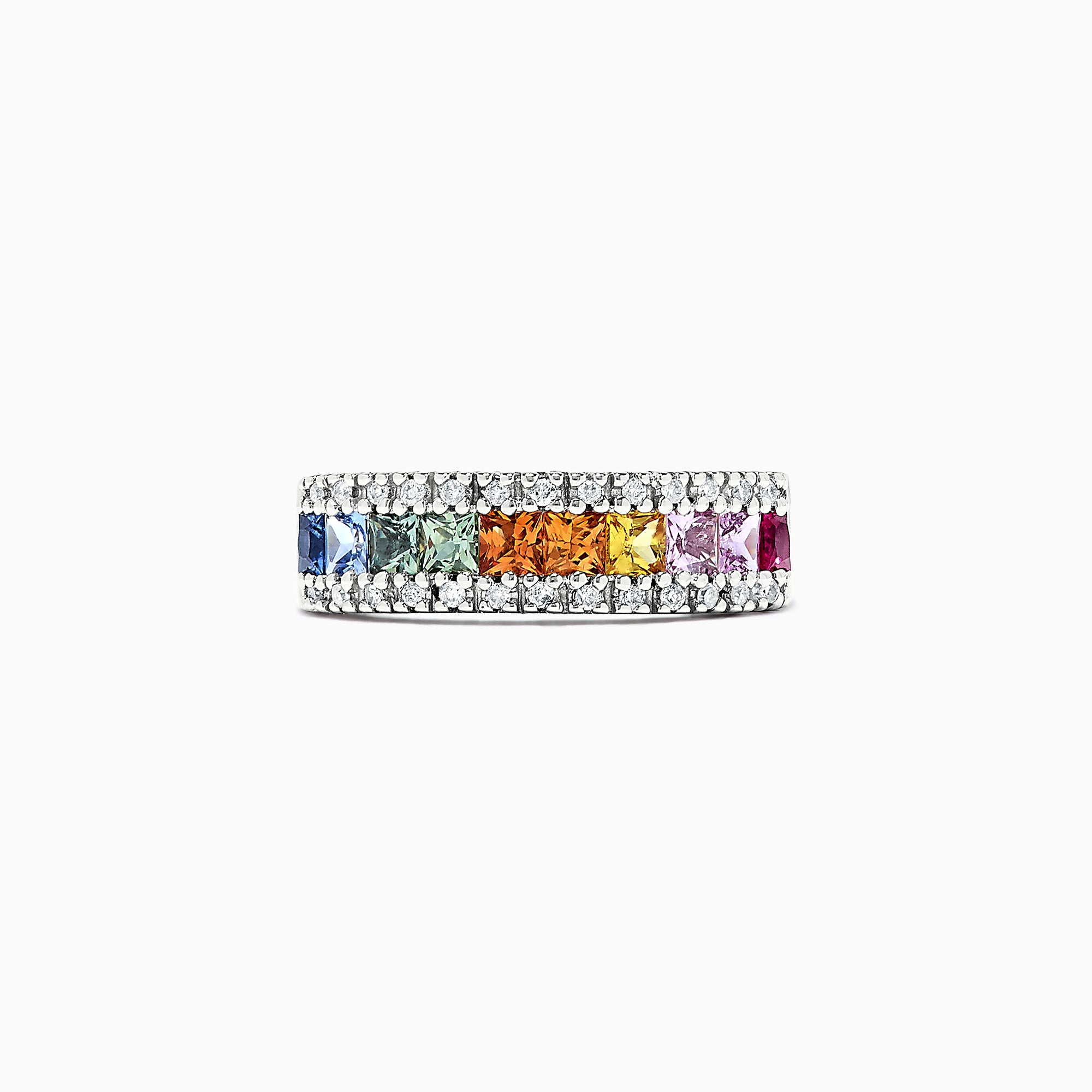 The Watercolors 14K White Gold Sapphire & Diamond Ring, 1.46 TCW, displays a row of square rainbow sapphires bordered by two rows of sparkling diamonds.