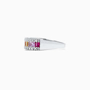 The Watercolors 14K White Gold Sapphire & Diamond Ring, 1.46 TCW, displays a row of square rainbow sapphires bordered by two rows of sparkling diamonds.