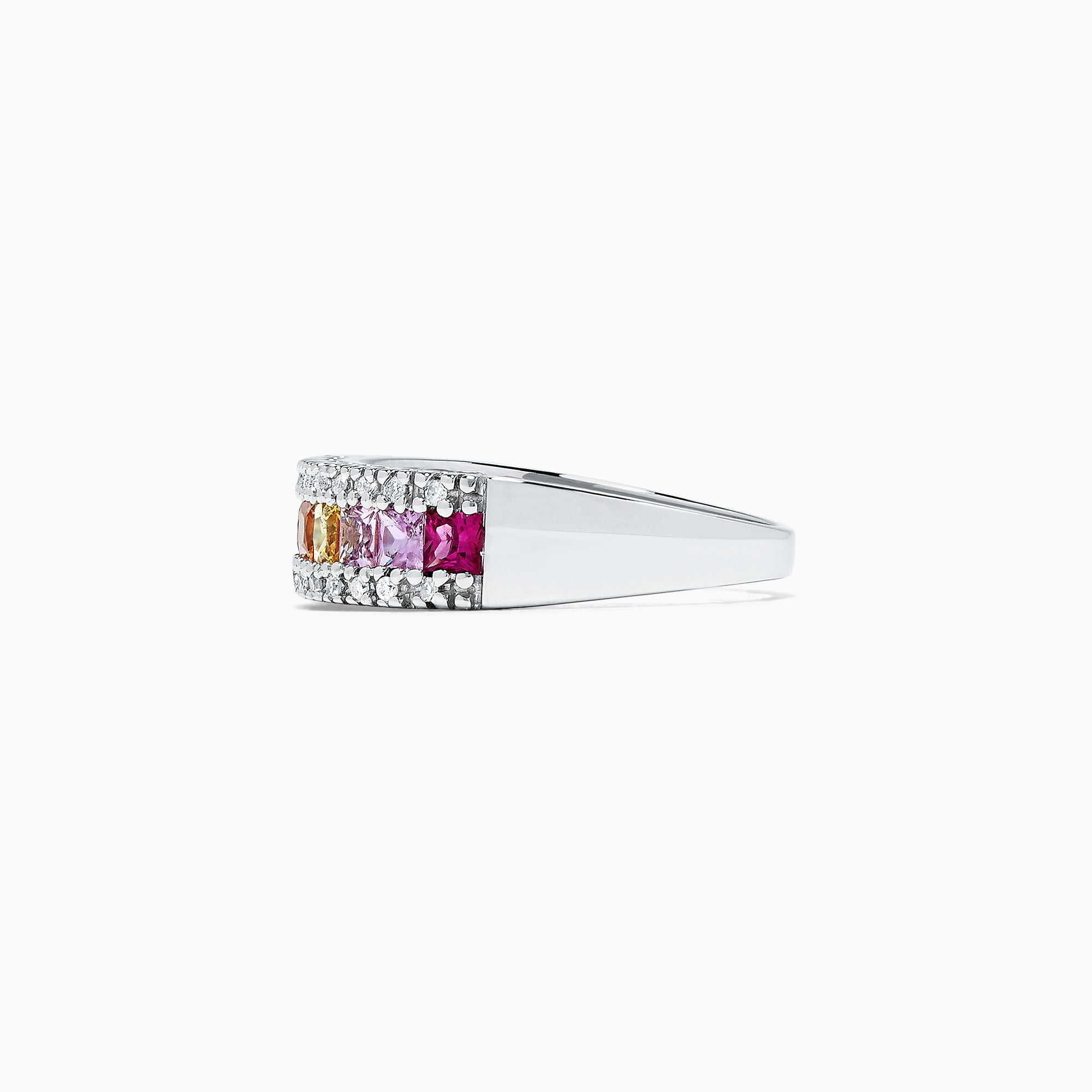 The Watercolors 14K White Gold Sapphire & Diamond Ring, 1.46 TCW, displays a row of square rainbow sapphires bordered by two rows of sparkling diamonds.