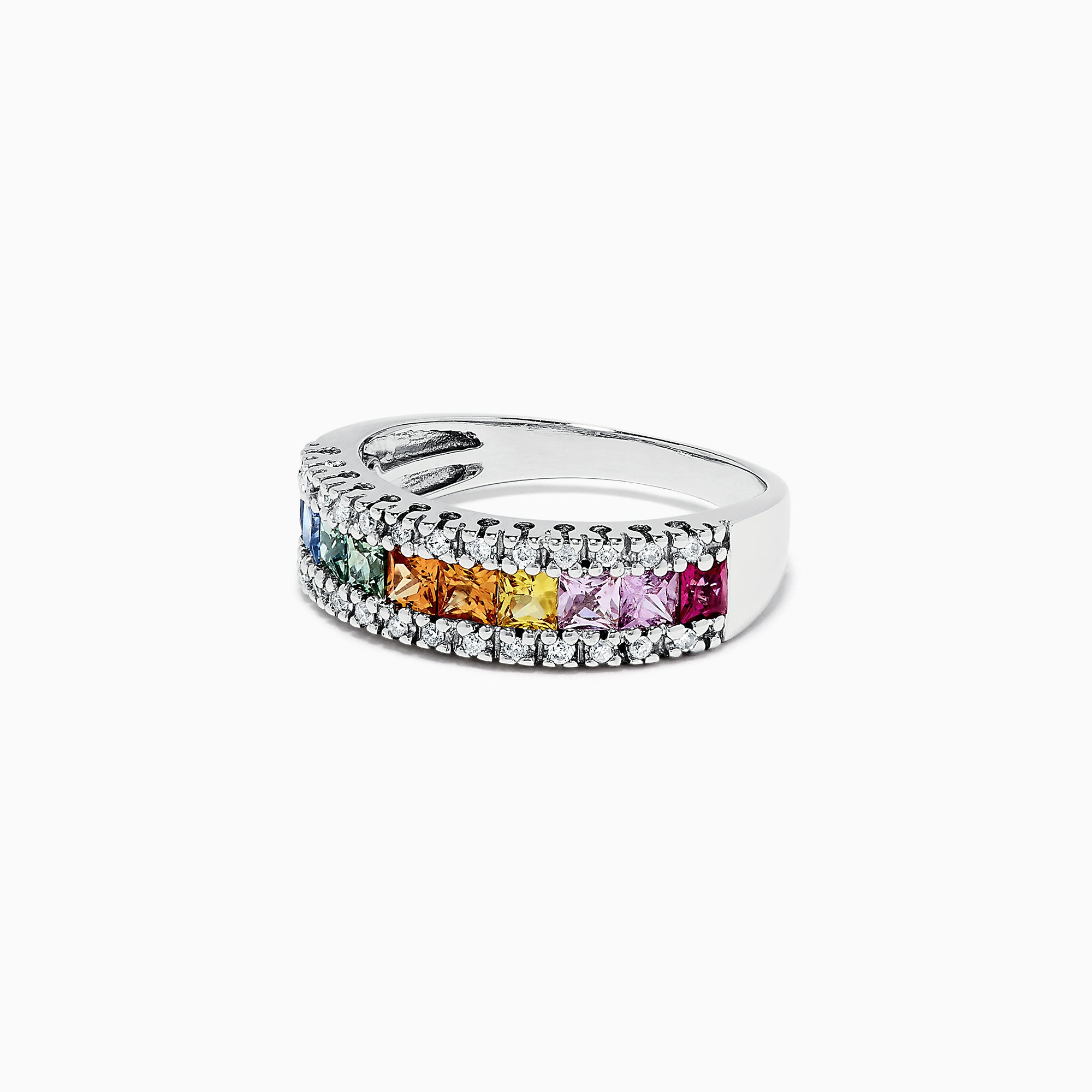 The Watercolors 14K White Gold Sapphire & Diamond Ring, 1.46 TCW, displays a row of square rainbow sapphires bordered by two rows of sparkling diamonds.