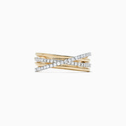 The DOro 14K Yellow Gold Diamond Crossover Band, 0.29 TCW, features overlapping bands—some polished gold, others set with sparkling white diamonds—beautifully displayed on a white background.