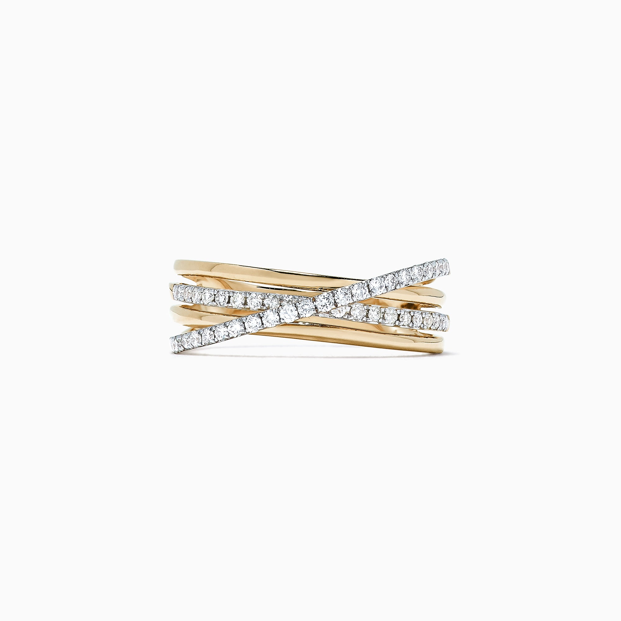 The DOro 14K Yellow Gold Diamond Crossover Band, 0.29 TCW, features overlapping bands—some polished gold, others set with sparkling white diamonds—beautifully displayed on a white background.