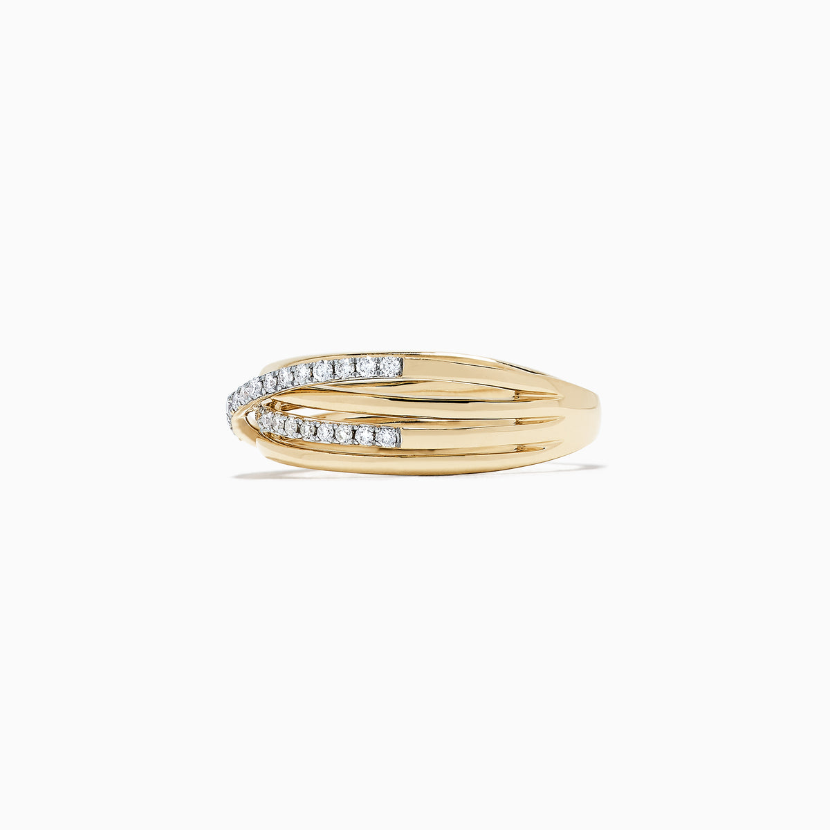The DOro 14K Yellow Gold Diamond Crossover Band, 0.29 TCW, features overlapping bands—some polished gold, others set with sparkling white diamonds—beautifully displayed on a white background.