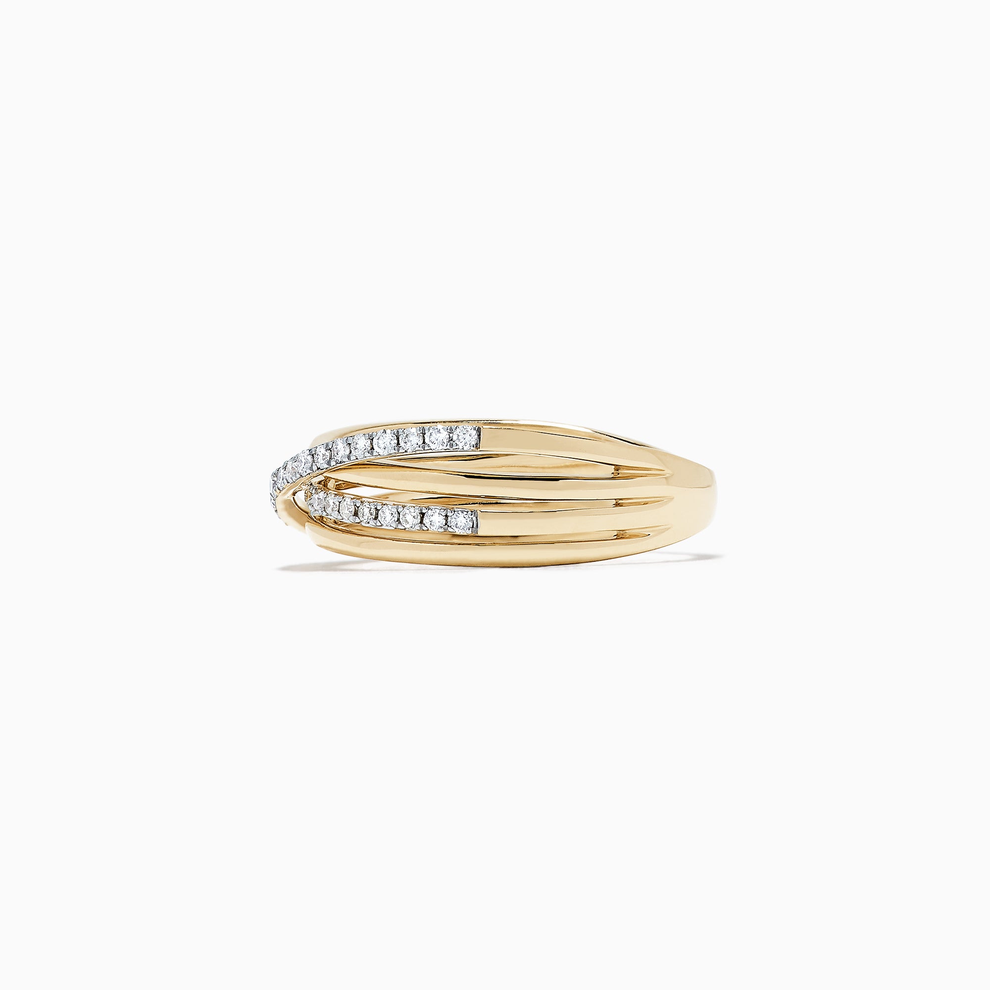 The DOro 14K Yellow Gold Diamond Crossover Band, 0.29 TCW, features overlapping bands—some polished gold, others set with sparkling white diamonds—beautifully displayed on a white background.