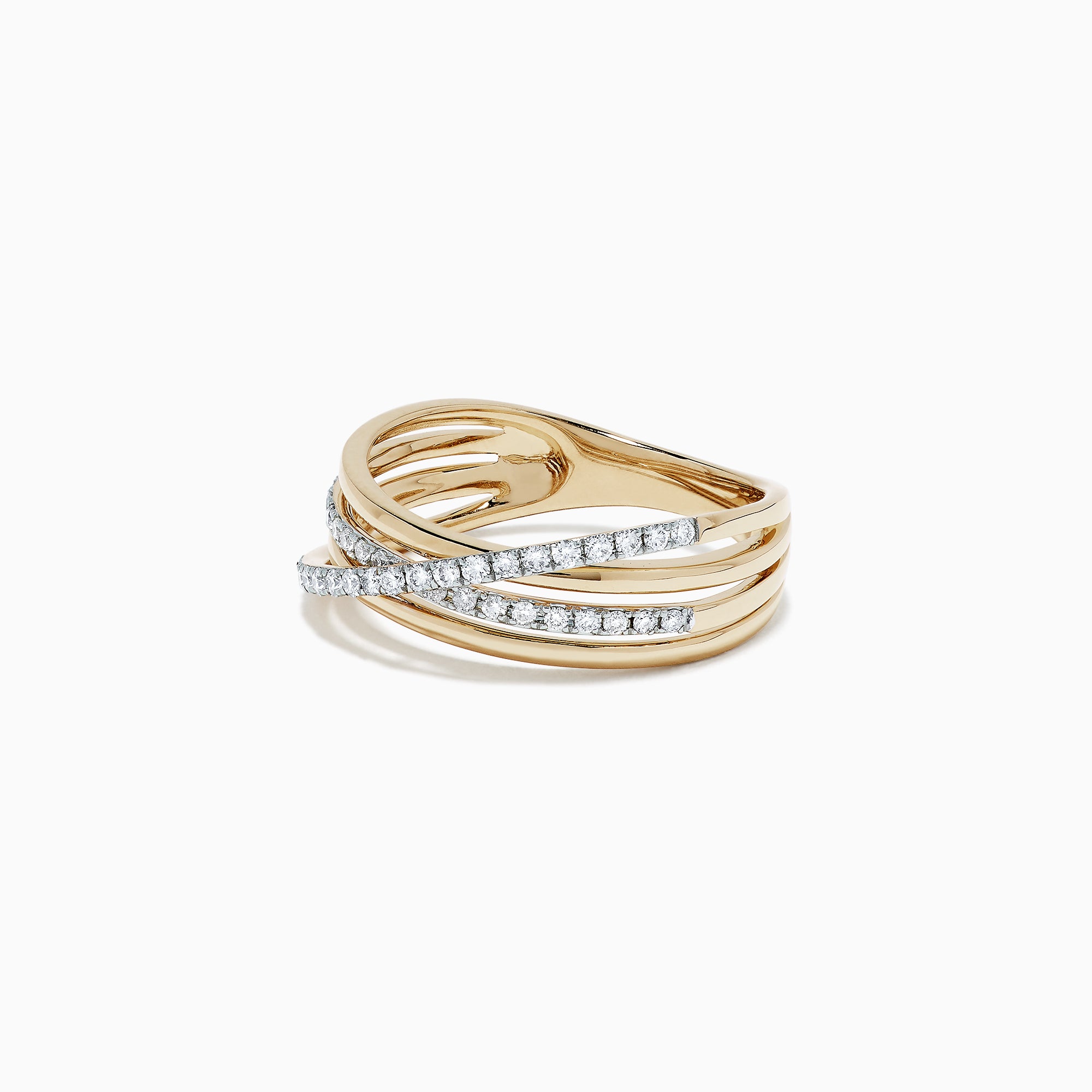 The DOro 14K Yellow Gold Diamond Crossover Band, 0.29 TCW, features overlapping bands—some polished gold, others set with sparkling white diamonds—beautifully displayed on a white background.