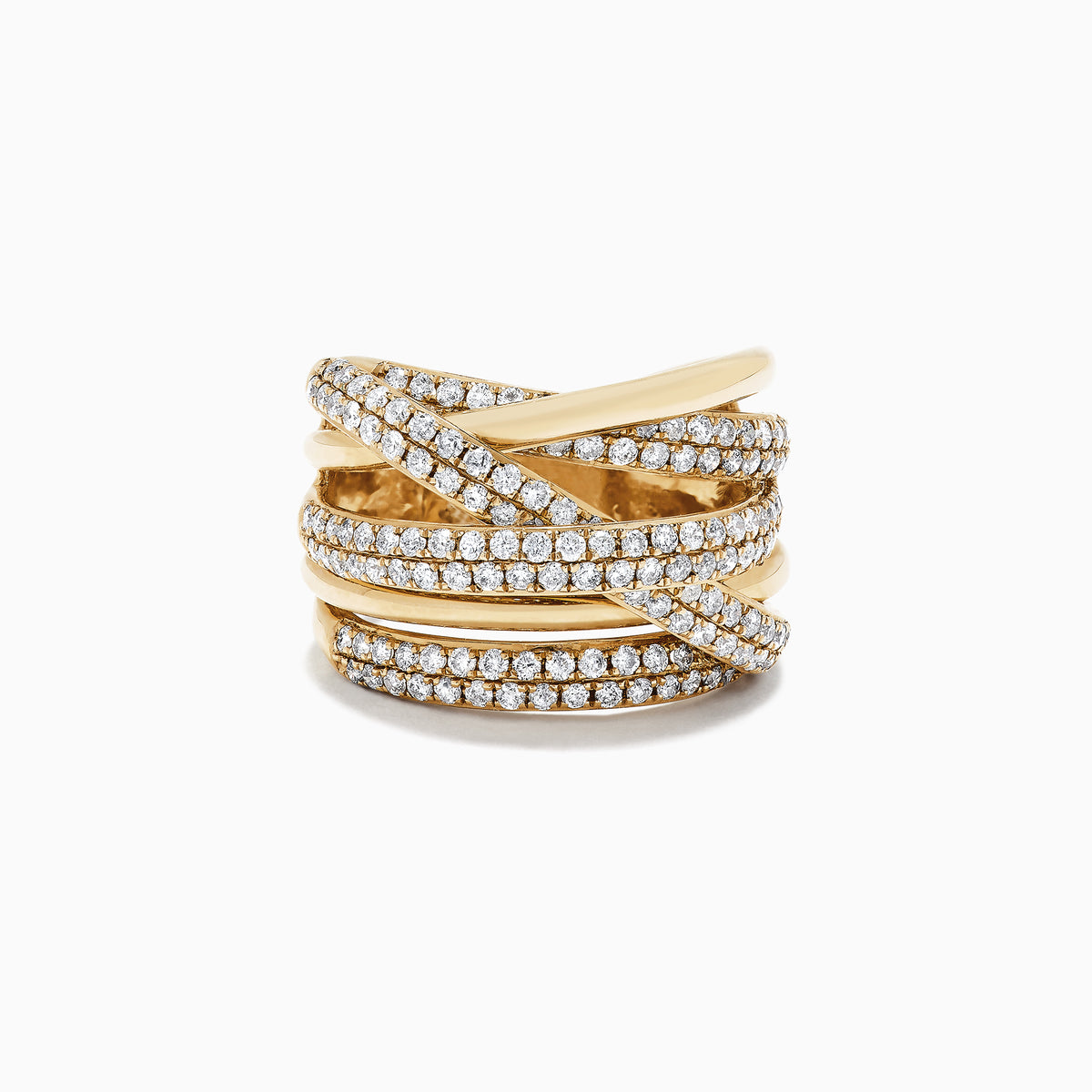 The DOro 14K Yellow Gold Diamond Ring, 1.47 TCW, features multiple overlapping bands—some set with sparkling diamonds—for a layered and intricate look.