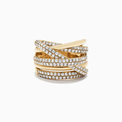 The DOro 14K Yellow Gold Diamond Ring, 1.47 TCW, features multiple overlapping bands—some set with sparkling diamonds—for a layered and intricate look.