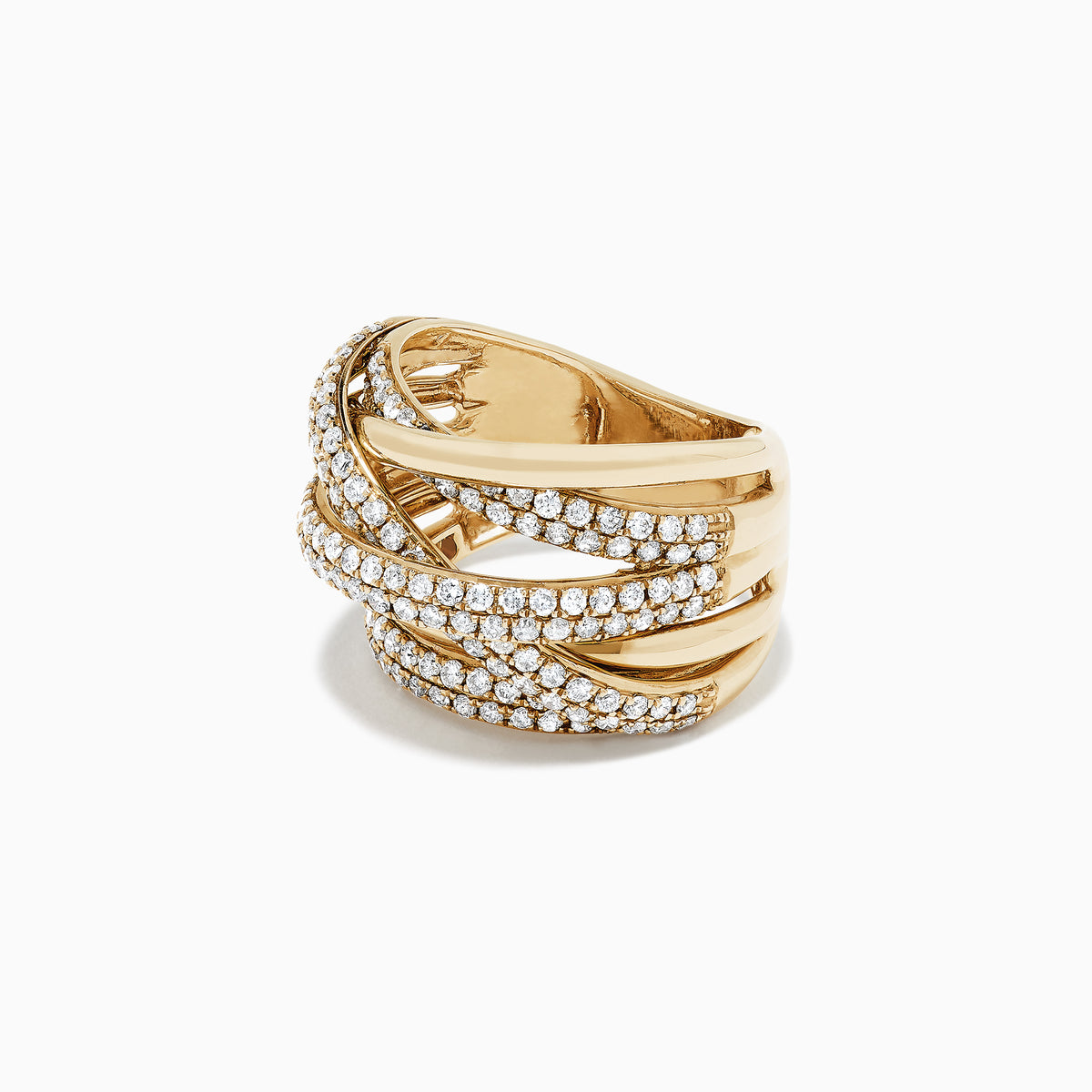 The DOro 14K Yellow Gold Diamond Ring, 1.47 TCW, features multiple overlapping bands—some set with sparkling diamonds—for a layered and intricate look.