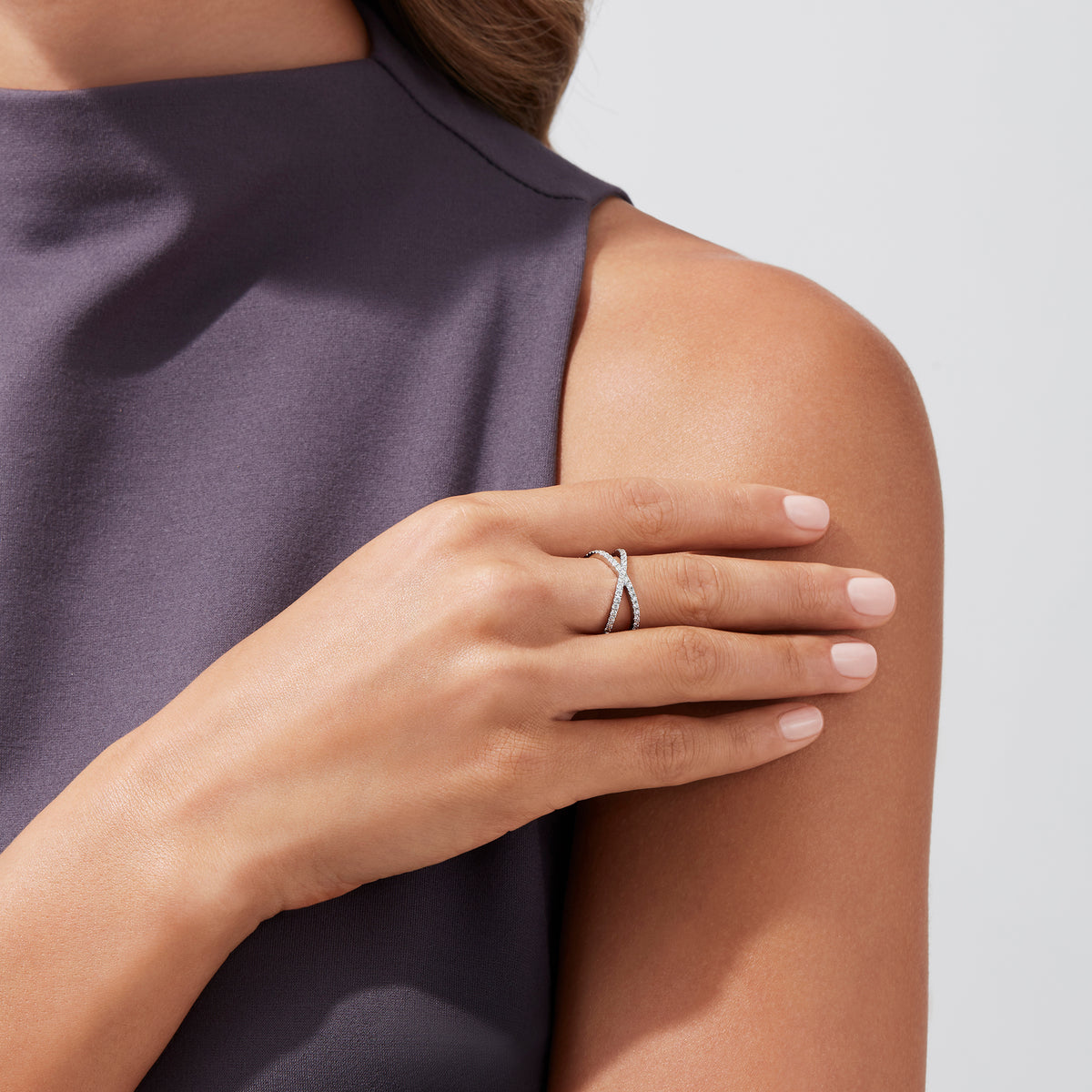 The Pave Classica 14K White Gold Diamond Criss Cross Ring, 0.40 TCW, showcases two intersecting diamond-studded bands for a modern and elegant X-shaped design.