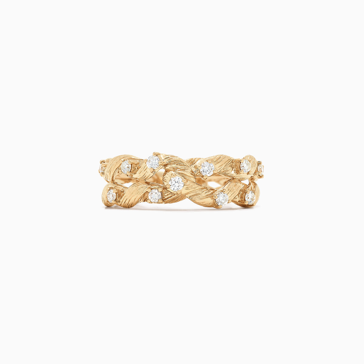The DOro 14K Yellow Gold Diamond Ring, 0.33 TCW, features an elegant twisted rope design with a textured finish, accented by multiple sparkling white diamonds set along the band.