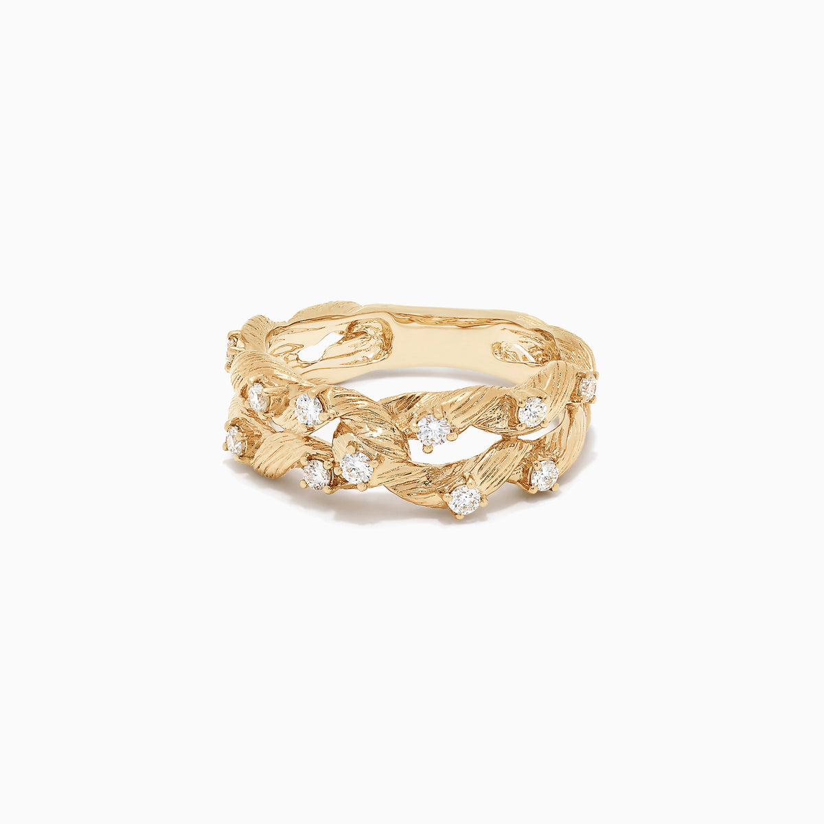 The DOro 14K Yellow Gold Diamond Ring, 0.33 TCW, features an elegant twisted rope design with a textured finish, accented by multiple sparkling white diamonds set along the band.