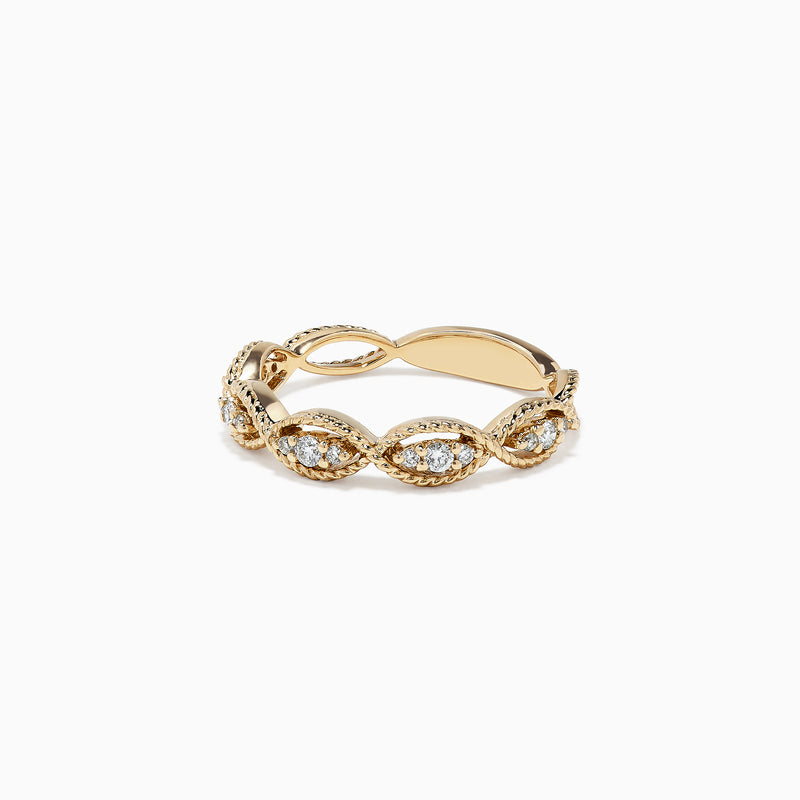 The DOro 14K Yellow Gold Diamond Ring, 0.20 TCW, features a twisted band adorned with round diamonds set in marquise-shaped bezels along the entire band.