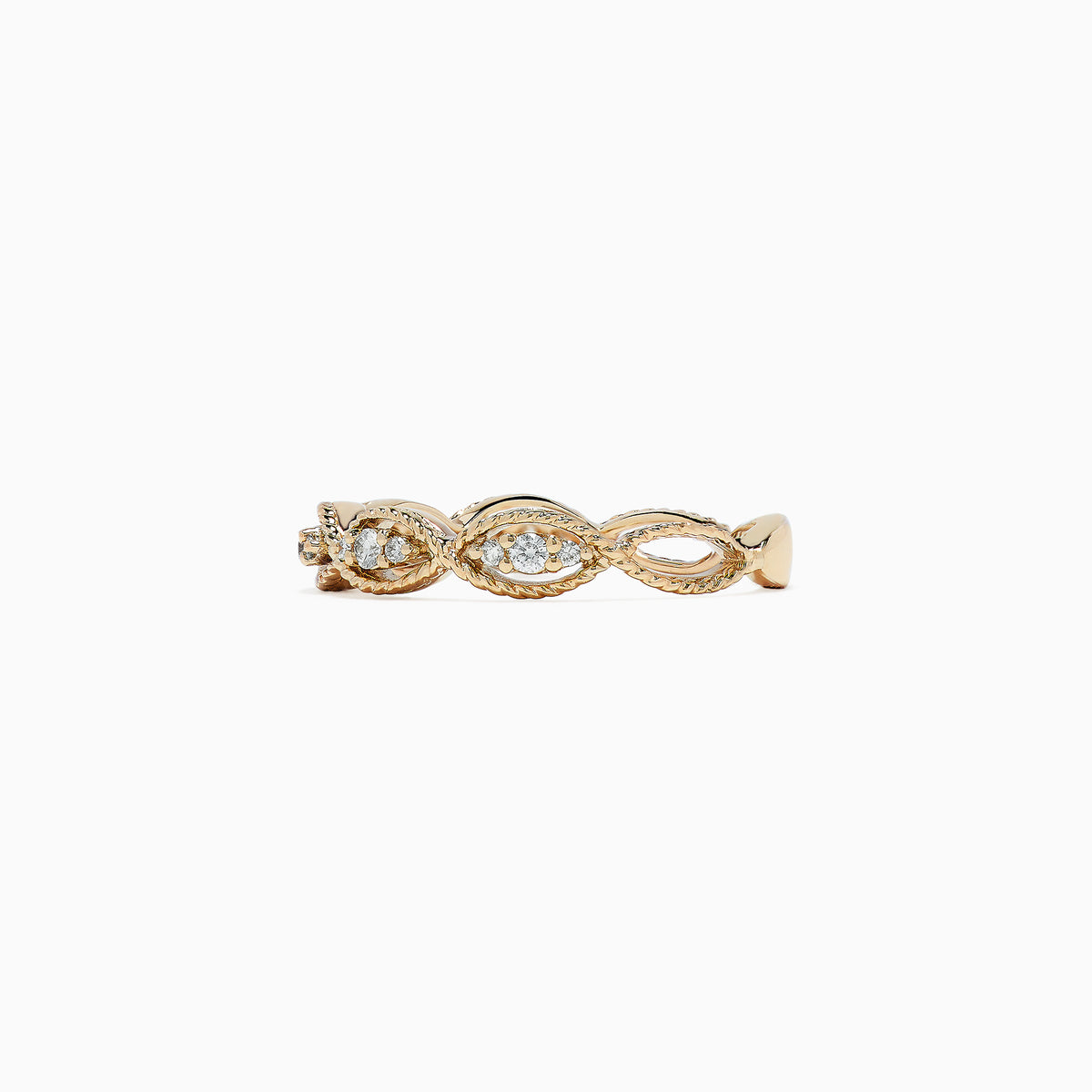 The DOro 14K Yellow Gold Diamond Ring, 0.20 TCW, features a twisted band adorned with round diamonds set in marquise-shaped bezels along the entire band.