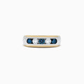 This Mens 14K Two-Tone Gold Blue and White Diamond Ring, 0.98 TCW, features five gemstones—two white diamonds at the center and three blue stones—set in a sleek channel design.