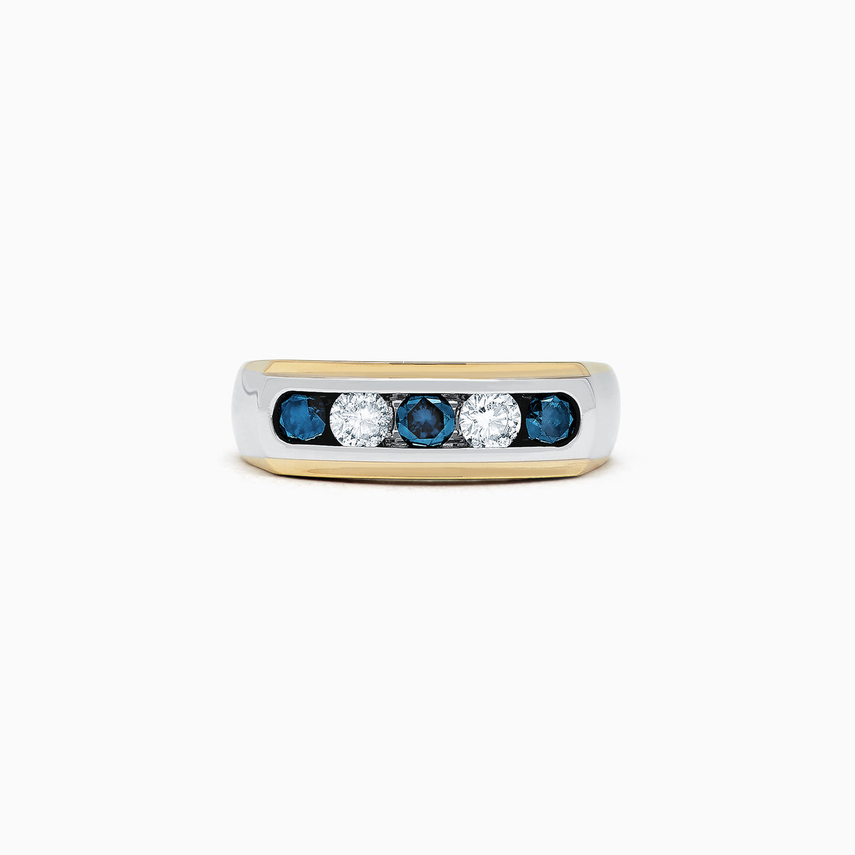 This Mens 14K Two-Tone Gold Blue and White Diamond Ring, 0.98 TCW, features five gemstones—two white diamonds at the center and three blue stones—set in a sleek channel design.