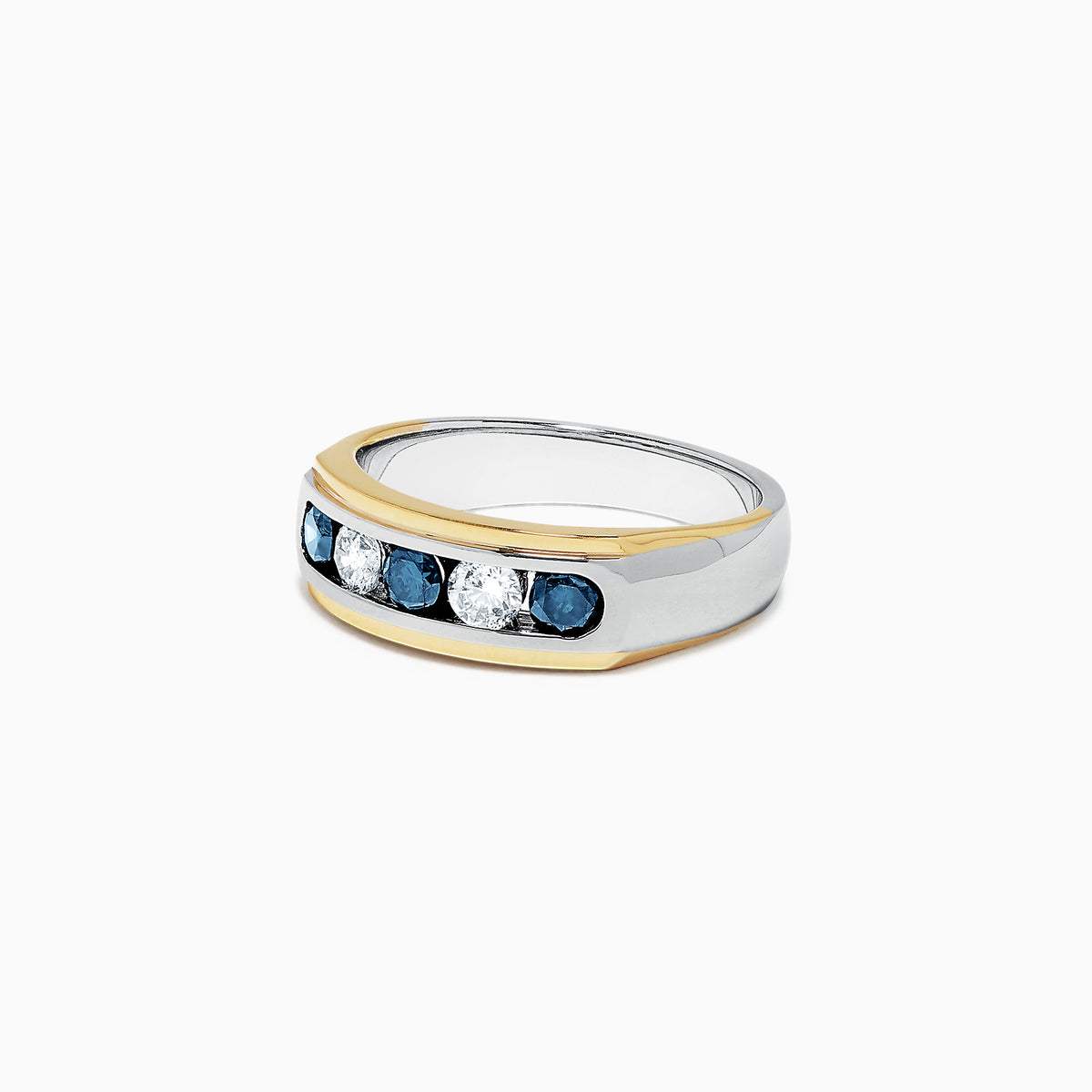 This Mens 14K Two-Tone Gold Blue and White Diamond Ring, 0.98 TCW, features five gemstones—two white diamonds at the center and three blue stones—set in a sleek channel design.