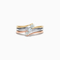 The Trio 14K Tri Color Gold Diamond Ring, 0.32 TCW, features gold, silver, and rose gold bands with a central round diamond on each band, set against a white background.