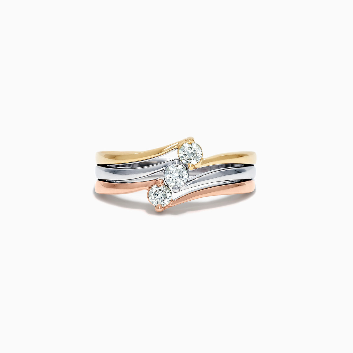 The Trio 14K Tri Color Gold Diamond Ring, 0.32 TCW, features gold, silver, and rose gold bands with a central round diamond on each band, set against a white background.