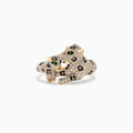 The Signature 14K Yellow Gold Diamond Double Panther Ring, 1.01 TCW, features two diamond-encrusted panthers with green gemstone eyes and yellow gold accents, playfully posed together on a white background.