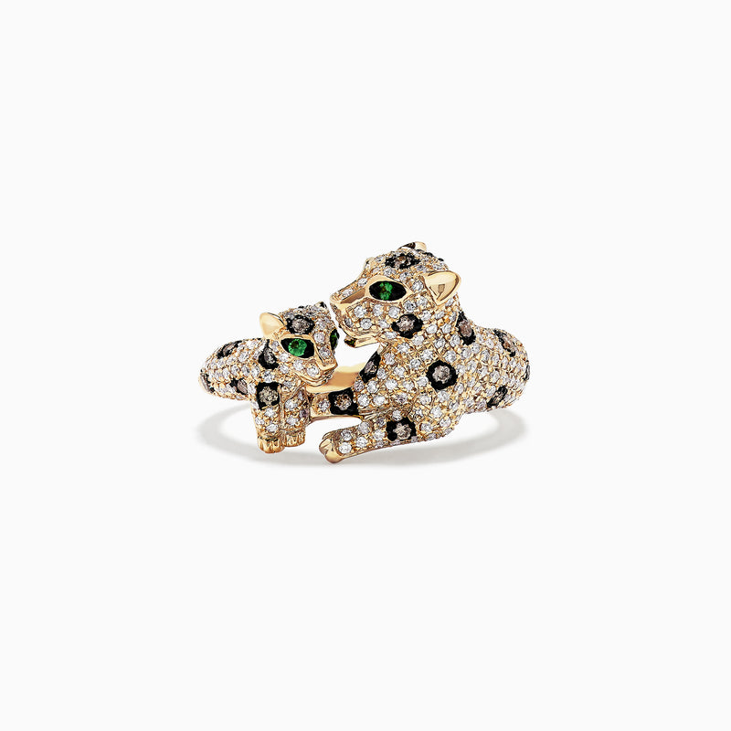 The Signature 14K Yellow Gold Diamond Double Panther Ring, 1.01 TCW, features two diamond-encrusted panthers with green gemstone eyes and yellow gold accents, playfully posed together on a white background.
