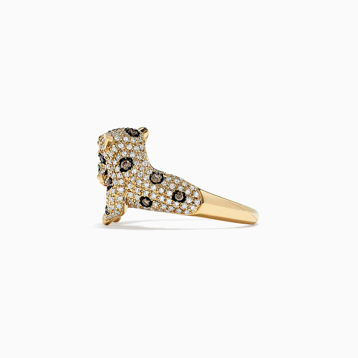 The Signature 14K Yellow Gold Diamond Double Panther Ring, 1.01 TCW, features two diamond-encrusted panthers with green gemstone eyes and yellow gold accents, playfully posed together on a white background.