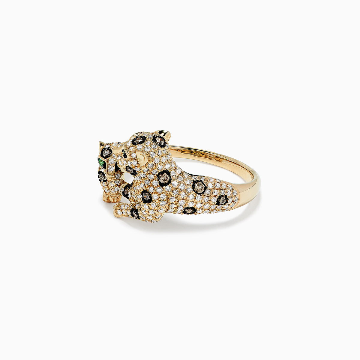 The Signature 14K Yellow Gold Diamond Double Panther Ring, 1.01 TCW, features two diamond-encrusted panthers with green gemstone eyes and yellow gold accents, playfully posed together on a white background.