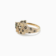 The Signature 14K Yellow Gold Diamond Double Panther Ring, 1.01 TCW, features two diamond-encrusted panthers with green gemstone eyes and yellow gold accents, playfully posed together on a white background.