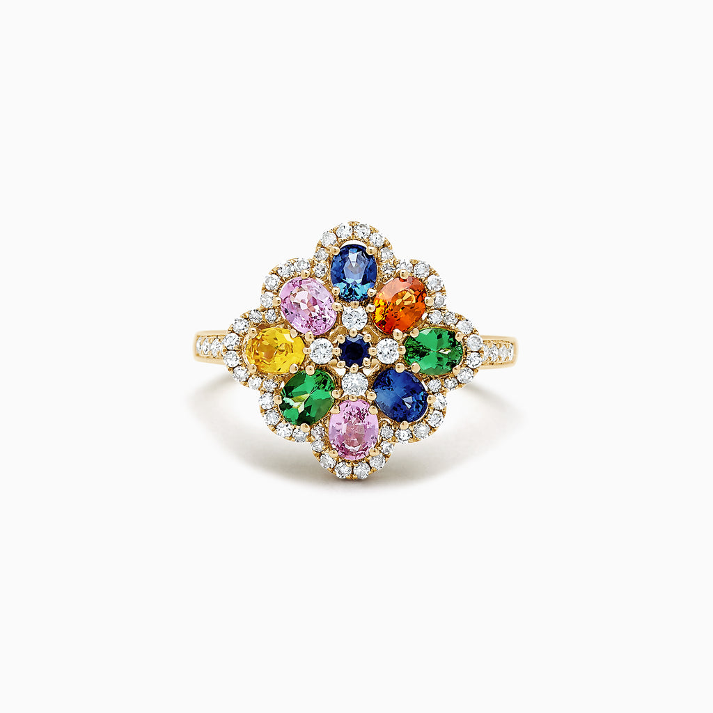 The Watercolors 14K Gold Multi Sapphire and Diamond Ring, 1.91 TCW, features a floral cluster of yellow, blue, pink, green, and orange sapphires with white diamond accents on the flower and band.