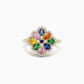 The Watercolors 14K Gold Multi Sapphire and Diamond Ring, 1.91 TCW, features a floral cluster of yellow, blue, pink, green, and orange sapphires with white diamond accents on the flower and band.