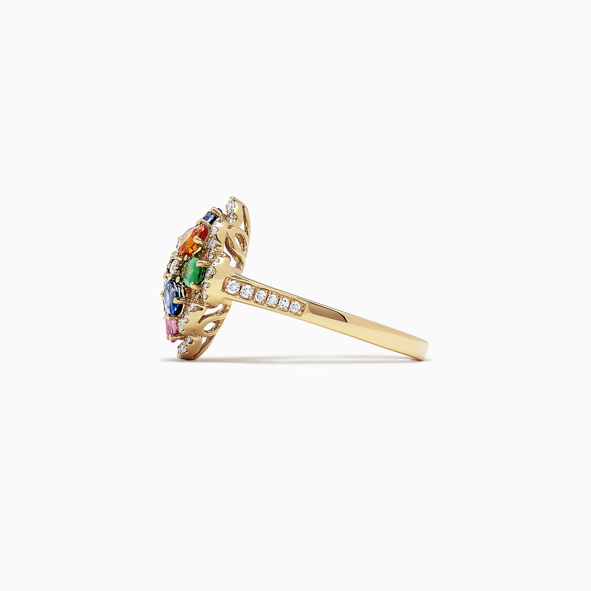 The Watercolors 14K Gold Multi Sapphire and Diamond Ring, 1.91 TCW, features a floral cluster of yellow, blue, pink, green, and orange sapphires with white diamond accents on the flower and band.