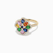 The Watercolors 14K Gold Multi Sapphire and Diamond Ring, 1.91 TCW, features a floral cluster of yellow, blue, pink, green, and orange sapphires with white diamond accents on the flower and band.