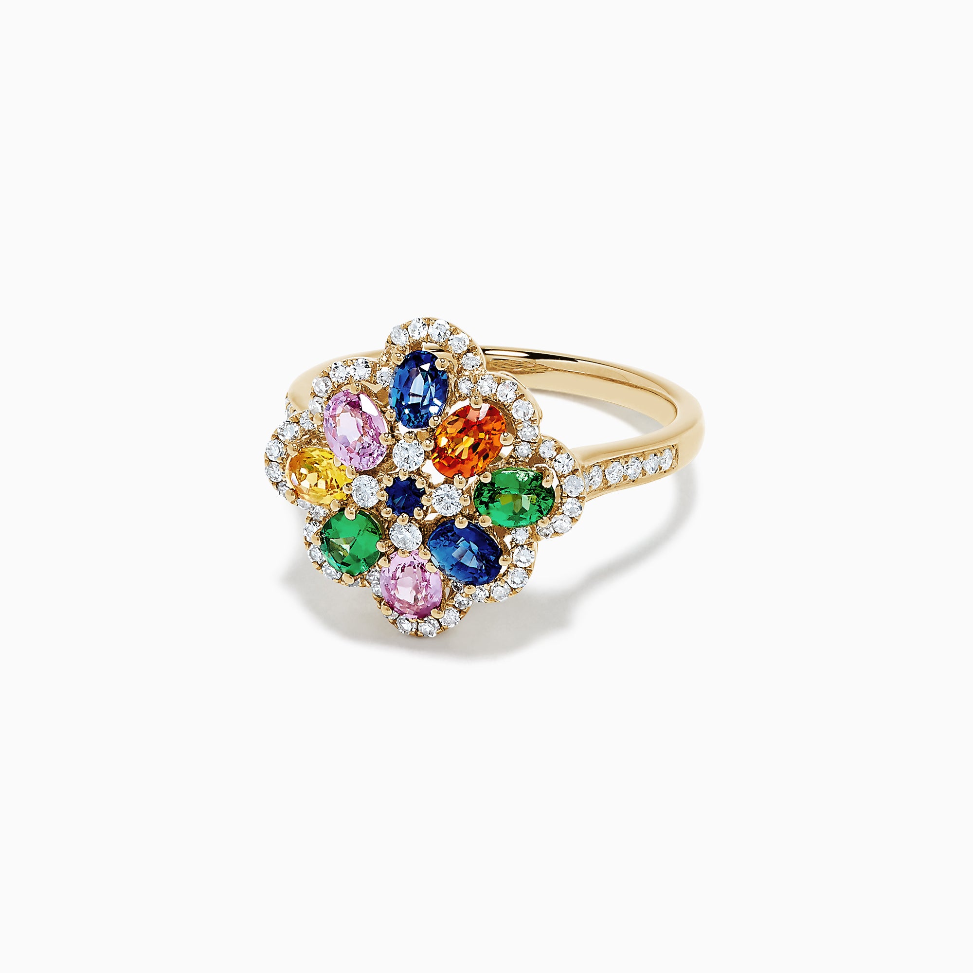 The Watercolors 14K Gold Multi Sapphire and Diamond Ring, 1.91 TCW, features a floral cluster of yellow, blue, pink, green, and orange sapphires with white diamond accents on the flower and band.
