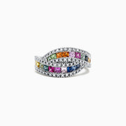 The Watercolors 14K White Gold Multi Sapphire and Diamond Ring, 1.95 TCW, features two intertwined bands set with rainbow-hued square-cut sapphires and bordered by rows of sparkling round diamonds.