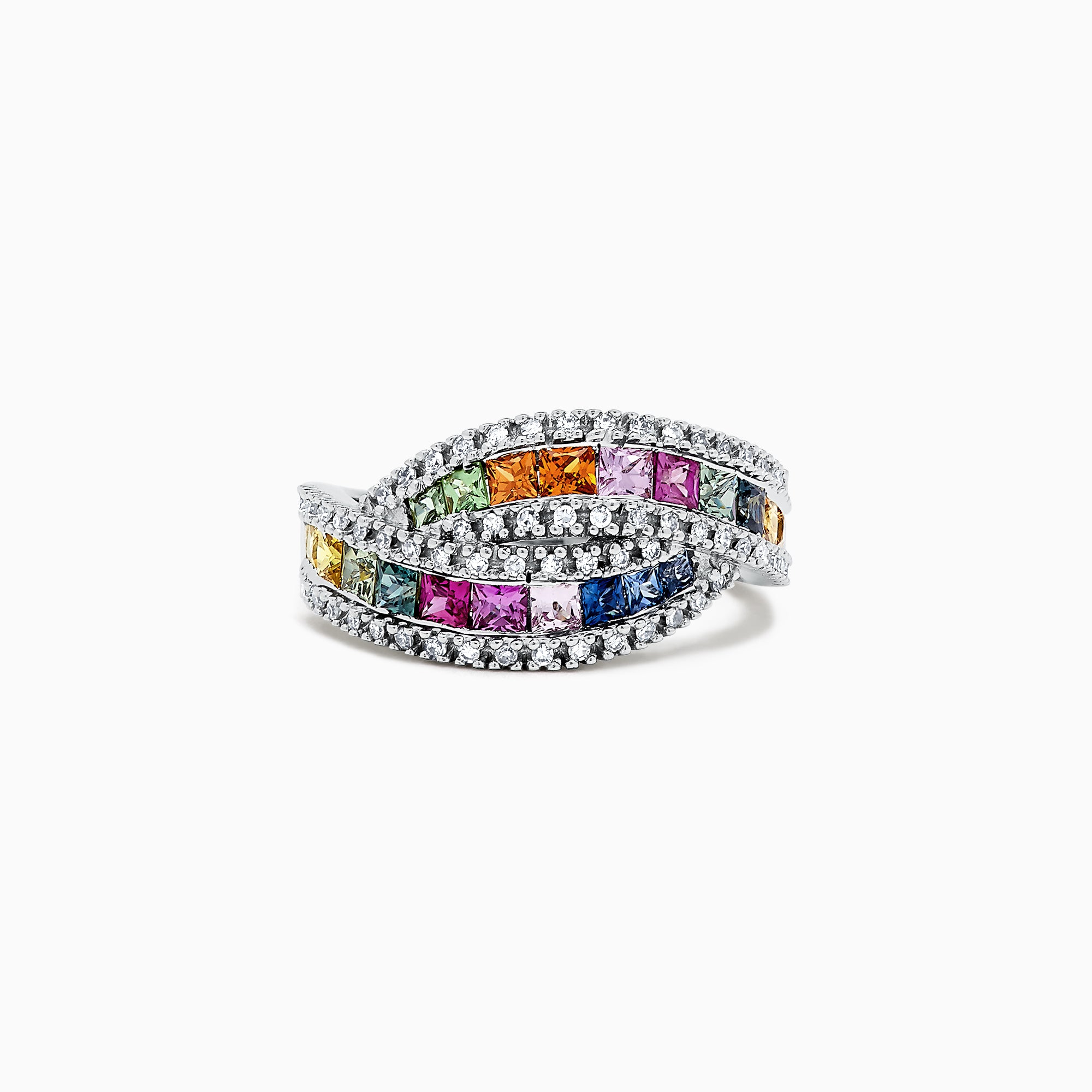 The Watercolors 14K White Gold Multi Sapphire and Diamond Ring, 1.95 TCW, features two intertwined bands set with rainbow-hued square-cut sapphires and bordered by rows of sparkling round diamonds.